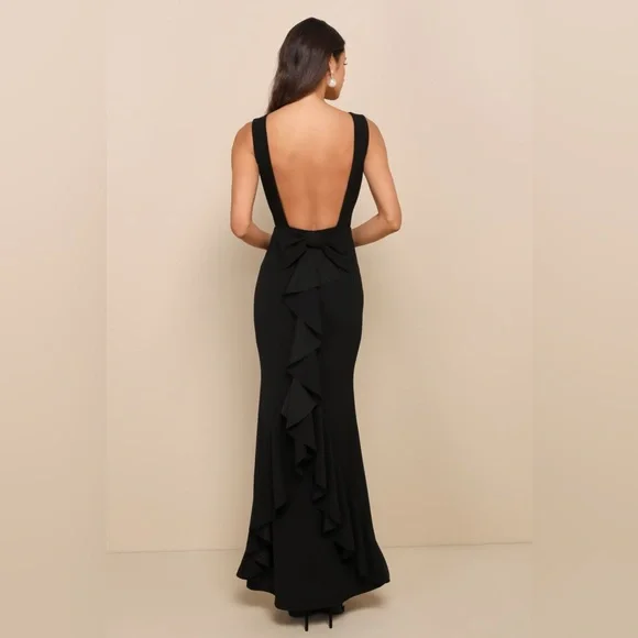 Lulus Exquisite Refinement Black Backless Bow Ruffled Maxi Dress - Picture 2 of 13